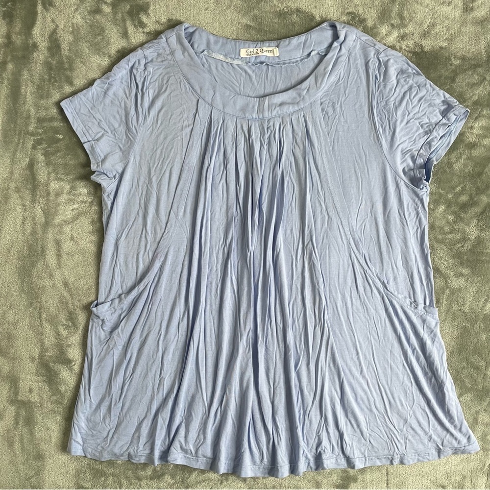 Girl 2 Queen Blue Pleated Layered Blouse Short Sleeve Plus Size XXL Tunic